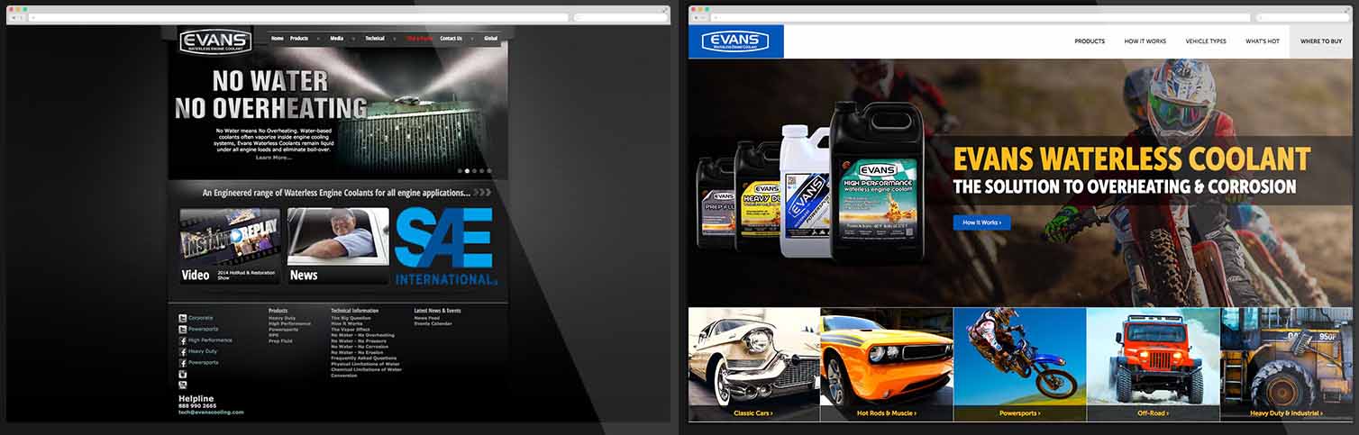 Website Evans Coolant trước và sau khi được thiết kế lại