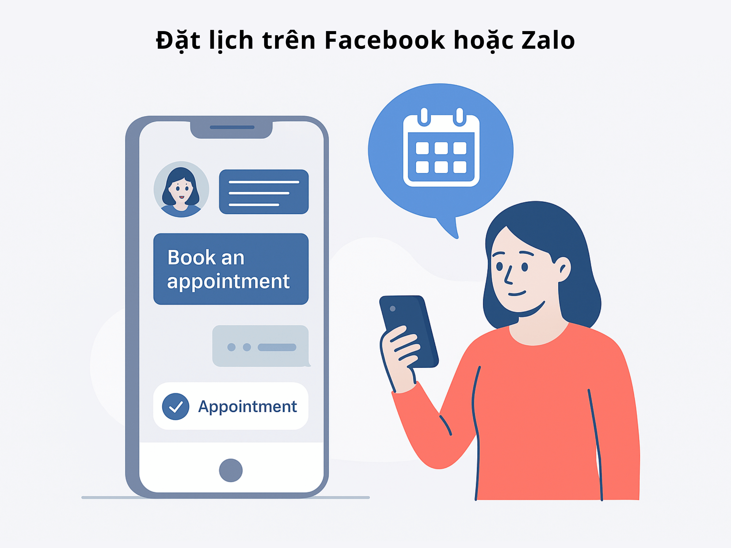 Đặt lịch trên Facebook hoặc Zalo chủ yếu thực hiện qua chatbot và tin nhắn thủ công. Khách nhắn thì dễ, nhưng phải chờ phản hồi, dễ bỏ sót, thiếu thông tin rõ ràng về thời gian còn trống. Điều này khiến quy trình đặt lịch phụ thuộc nhiều vào người trực page và khó tối ưu trải nghiệm.