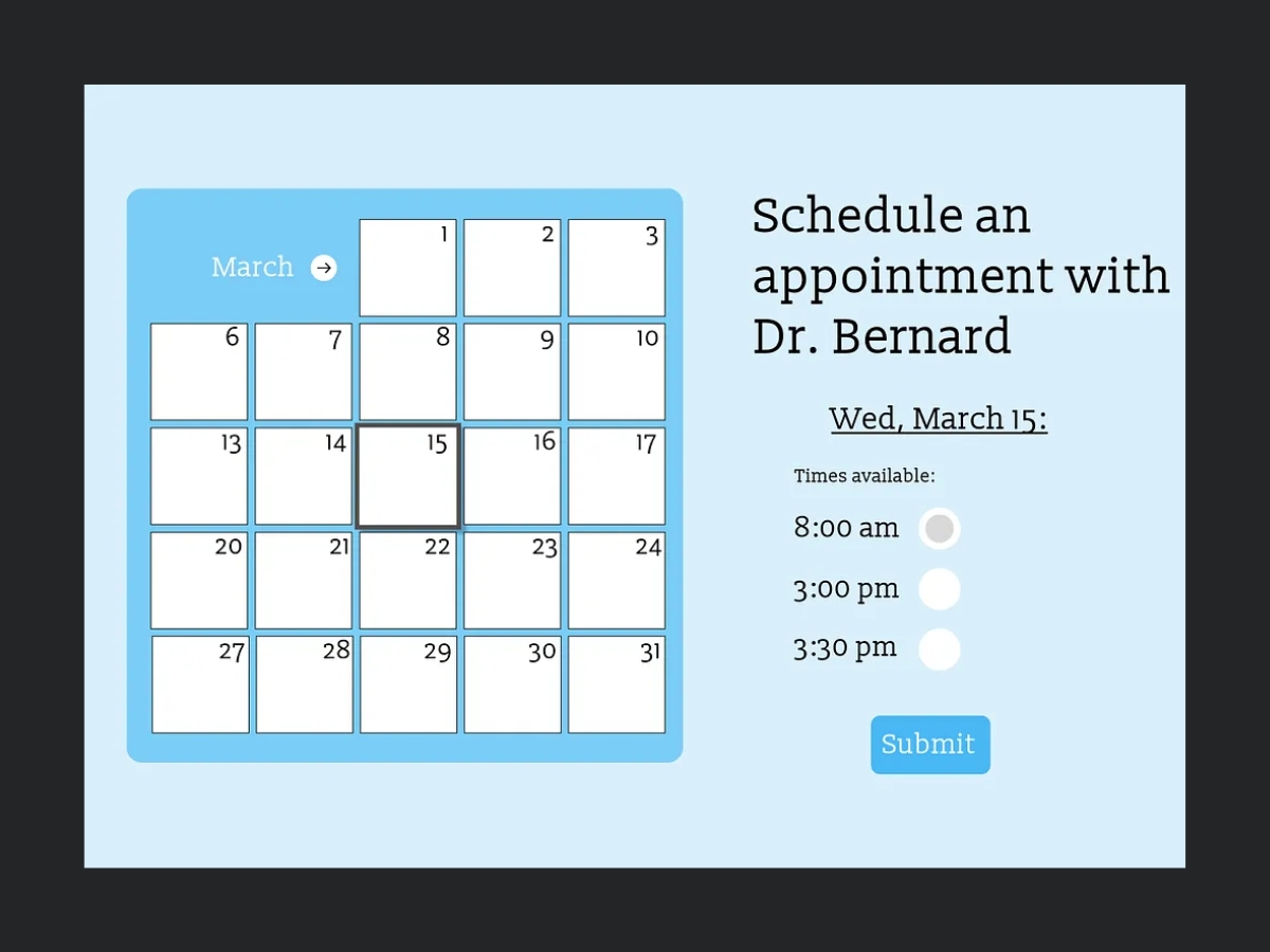 Giao diện đặt lịch dành cho khách hàng với lịch chọn ngày – giờ đơn giản, trực quan và dễ thao tác.