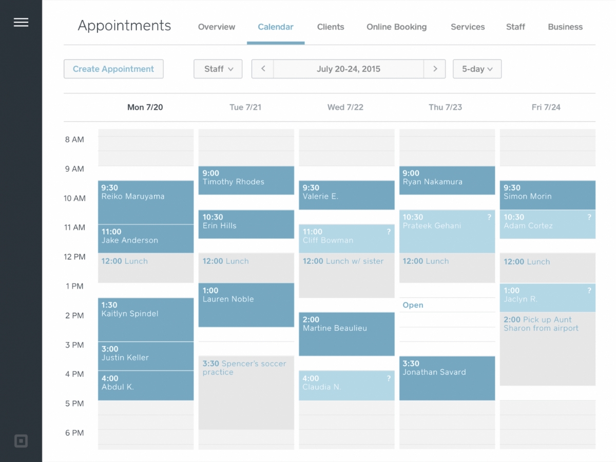 Giao diện dashboard quản lý lịch hẹn giúp doanh nghiệp theo dõi lịch làm việc theo ngày, tuần, nhân viên và dịch vụ một cách trực quan.