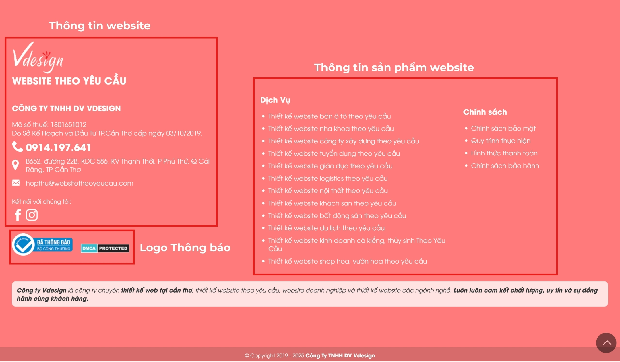 Ví dụ thực tế về website đã hoàn tất Thông báo với Bộ Công Thương, logo xác nhận được hiển thị tại chân trang đúng theo quy định.