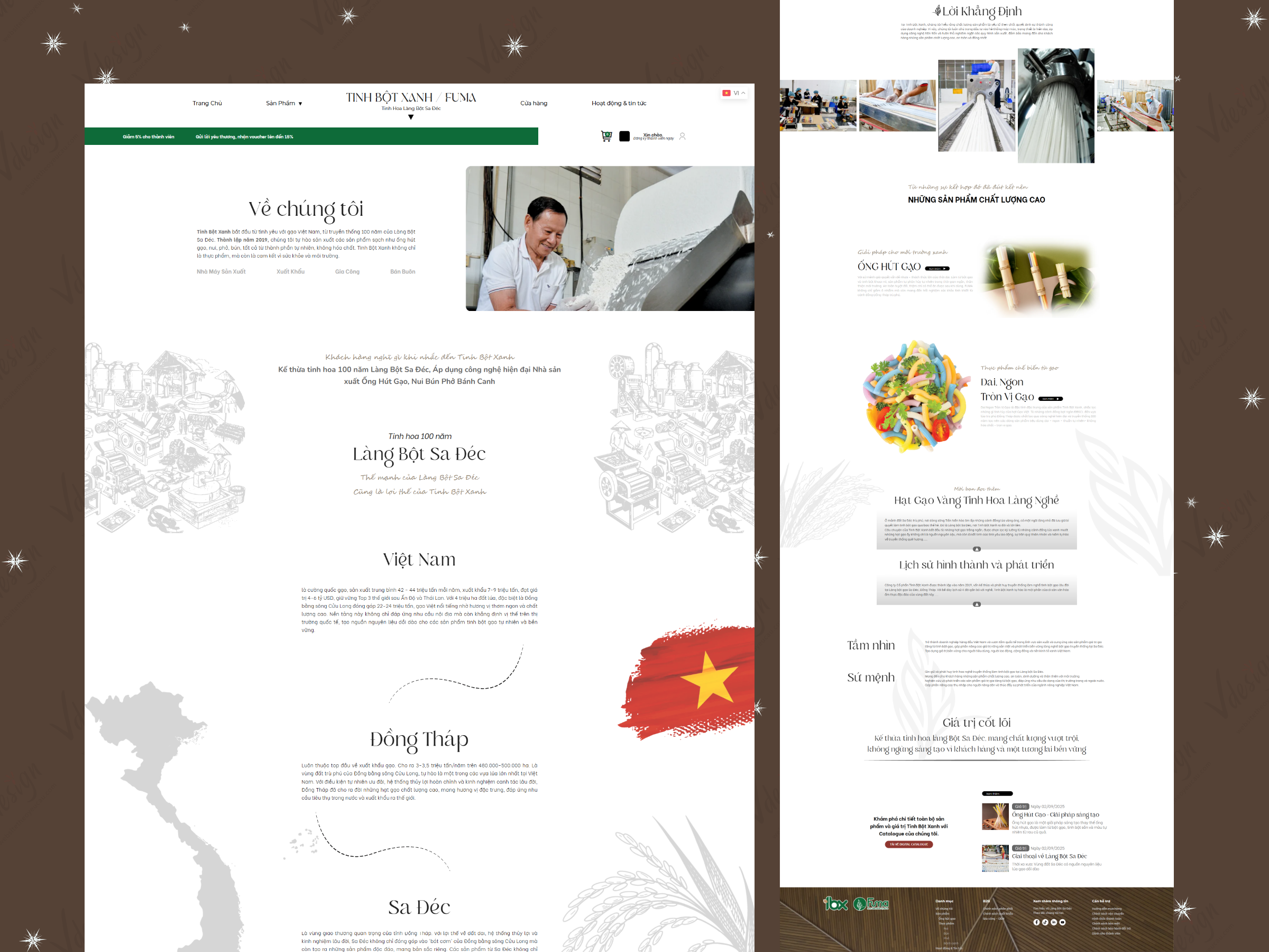 Minh họa trang giới thiệu doanh nghiệp được thiết kế chuyên nghiệp, tạo thiện cảm ban đầu. (Website Tinh Bột Xanh - được thiết kế bởi VDesign)