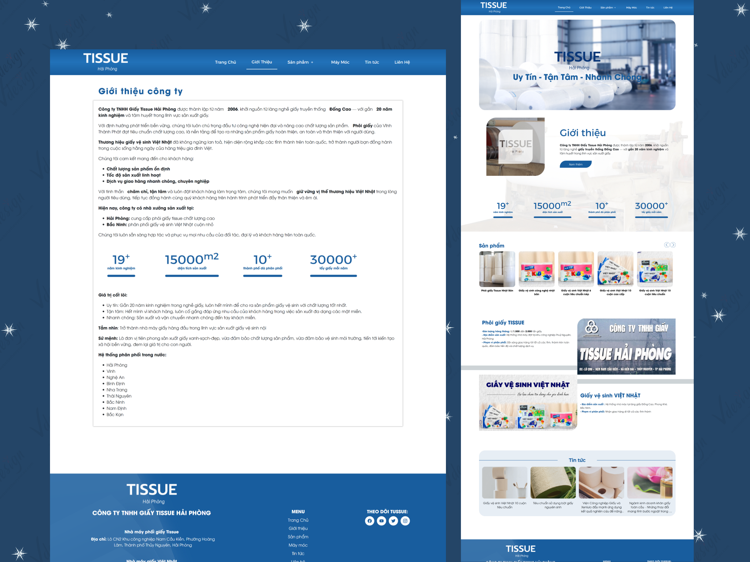 Việc trang giới thiệu có bố cục rõ ràng và số liệu trực quan sẽ giúp khách hàng đánh giá dễ hơn. (Website Tissue Hải Phòng - được thực hiện bởi VDesign)