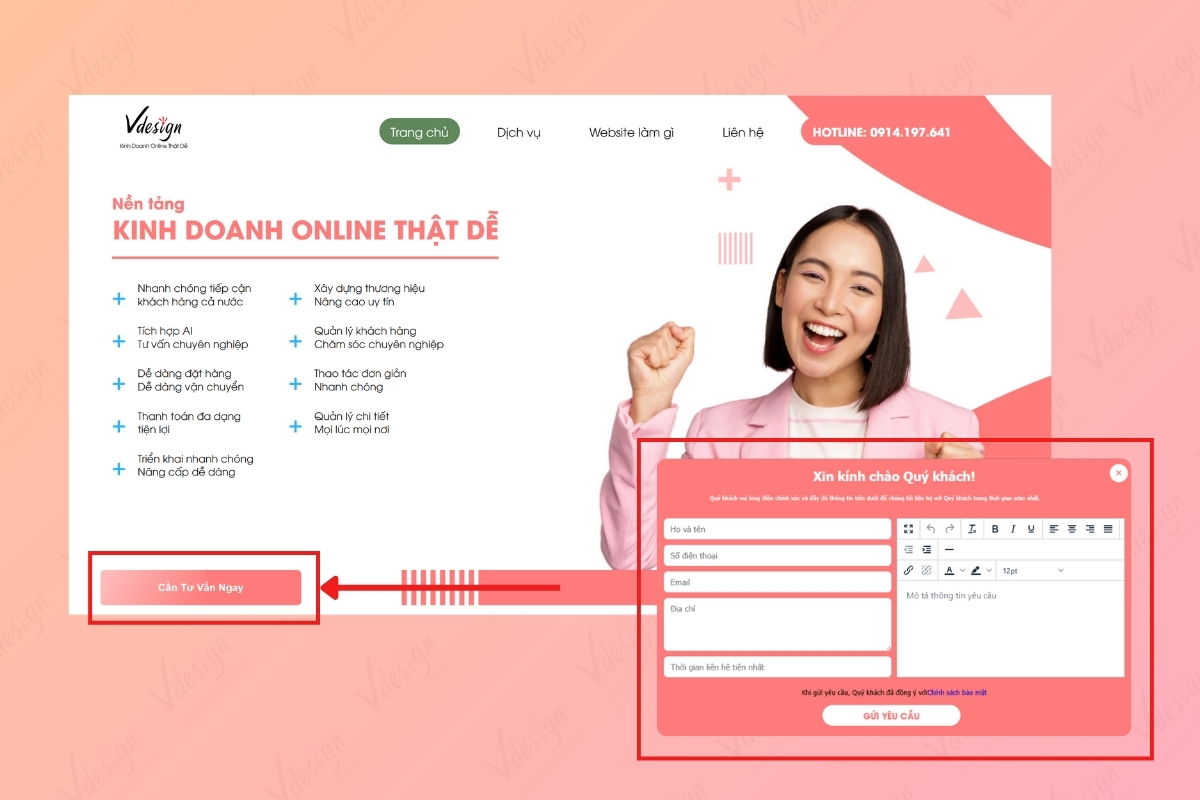 Landing page với nút kêu gọi hành động rõ ràng, lời mời tư vấn nhẹ nhàng và form đăng ký đơn giản.