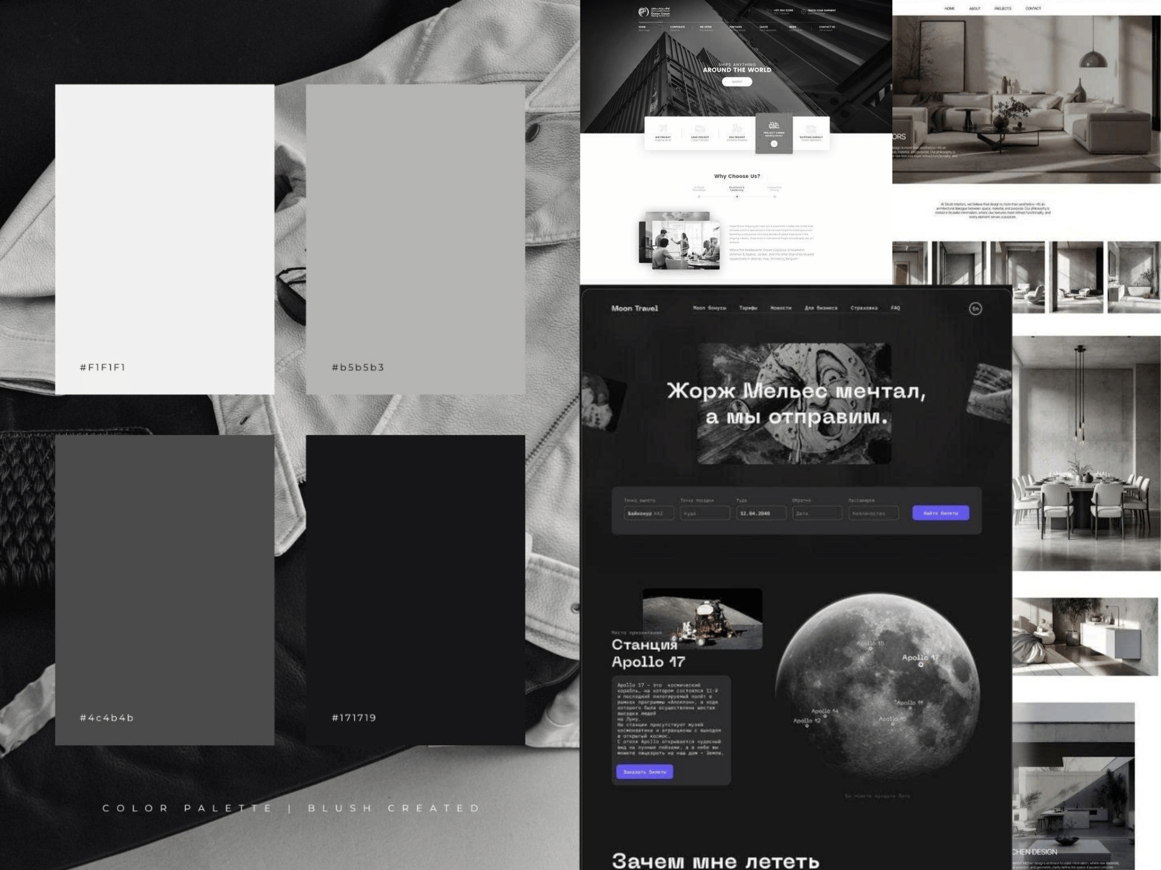 Bảng màu đơn sắc tạo nên phong cách tinh gọn, hiện đại và chuyên nghiệp, thường dùng cho website kiến trúc, nội thất hoặc agency sáng tạo.