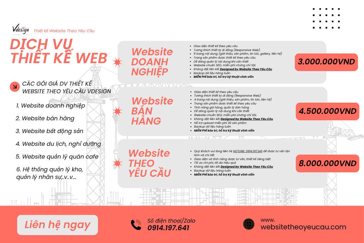 Bảng giá các gói dịch vụ Thiết kế Website Theo Yêu Cầu VDesign